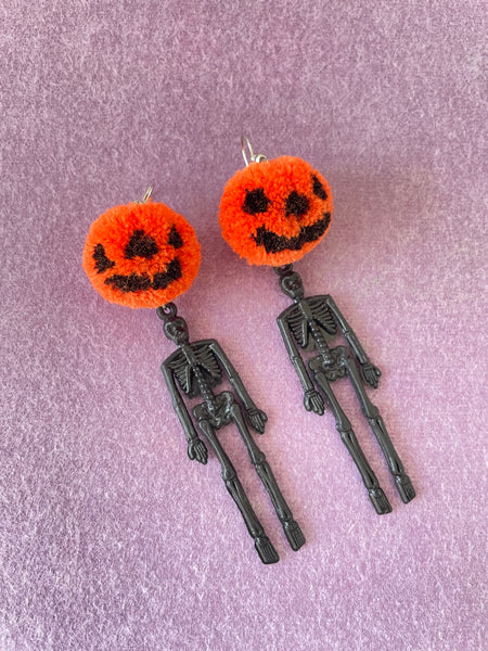 Pumpkin skeleton pompom earrings