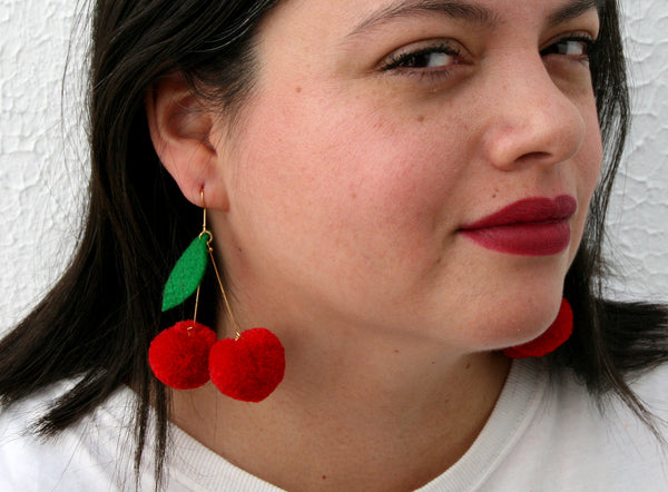 cherry pom pom earrings