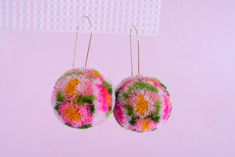 pink floral pom pom earrings