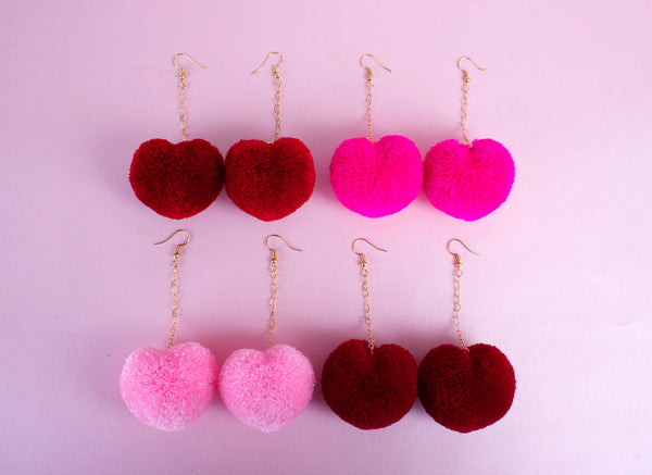 big heart pom poms earrings